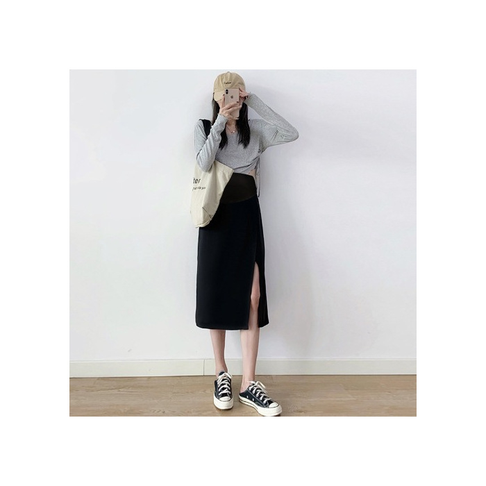Fustă de costum pentru gravide – neagră, despicătură, croială A, cădere lejeră, lungime midi, vară