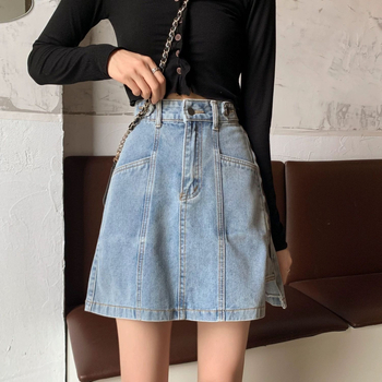 Fustă scurtă din denim cu talie înaltă, pentru femei, mărime plus, stil Hong Kong, versatilă și care subțiază silueta