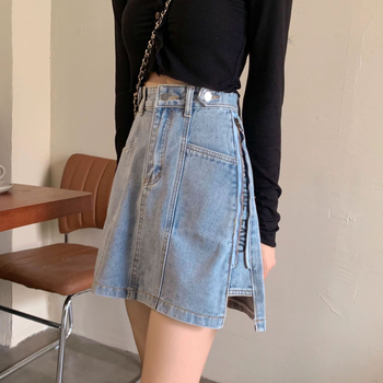 Fustă scurtă din denim cu talie înaltă, pentru femei, mărime plus, stil Hong Kong, versatilă și care subțiază silueta
