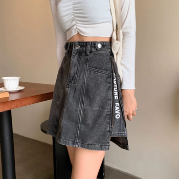 Fustă scurtă din denim cu talie înaltă, pentru femei, mărime plus, stil Hong Kong, versatilă și care subțiază silueta