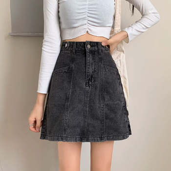 Fustă scurtă din denim cu talie înaltă, pentru femei, mărime plus, stil Hong Kong, versatilă și care subțiază silueta