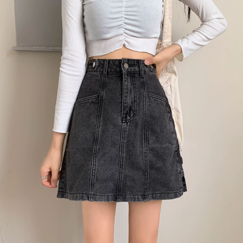 Fustă scurtă din denim cu talie înaltă, pentru femei, mărime plus, stil Hong Kong, versatilă și care subțiază silueta