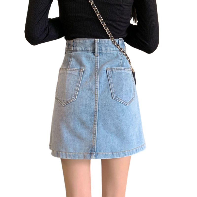Fustă scurtă din denim cu talie înaltă, pentru femei, mărime plus, stil Hong Kong, versatilă și care subțiază silueta