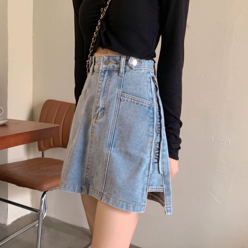 Fustă scurtă din denim cu talie înaltă, pentru femei, mărime plus, stil Hong Kong, versatilă și care subțiază silueta