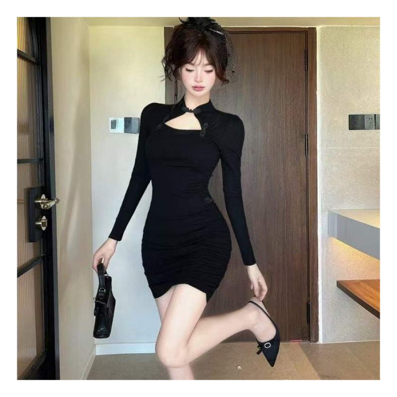 Rochie de toamnă cu mâneci lungi, în stil chinezesc, cu influențe franțuzești retro, culoare uni