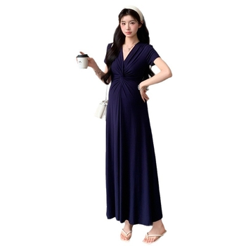 Trudnička ljetna haljina, elegantan francuski stil, prilagodljiv kroj, A-linija, duga haljina