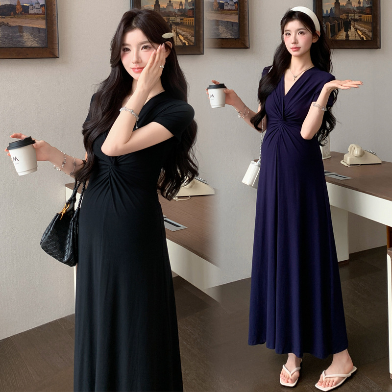 Trudnička ljetna haljina, elegantan francuski stil, prilagodljiv kroj, A-linija, duga haljina