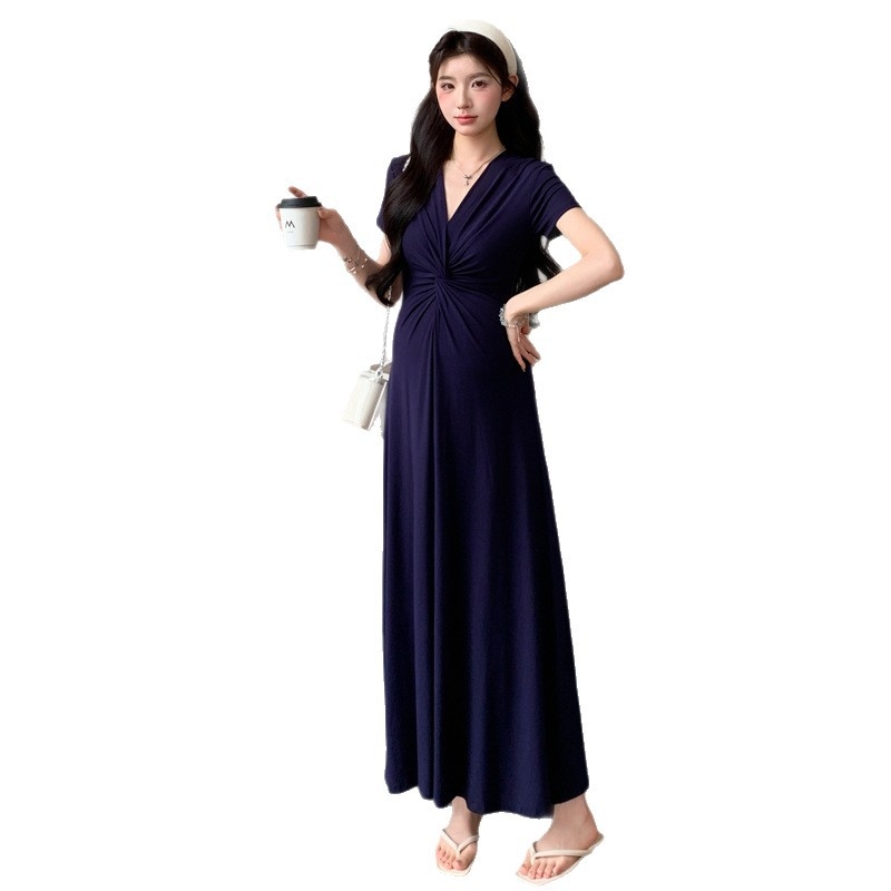Trudnička ljetna haljina, elegantan francuski stil, prilagodljiv kroj, A-linija, duga haljina