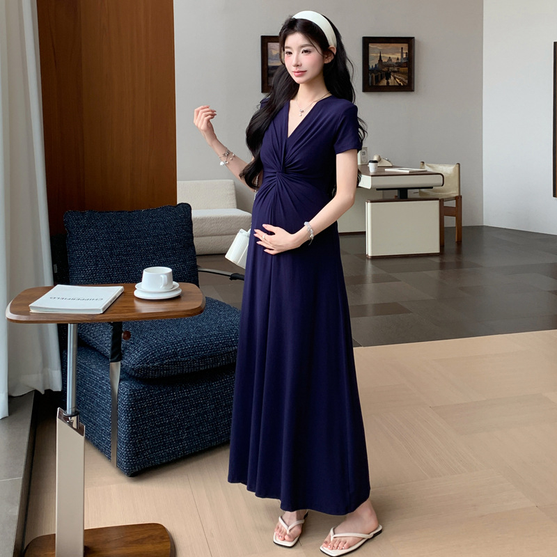 Trudnička ljetna haljina, elegantan francuski stil, prilagodljiv kroj, A-linija, duga haljina