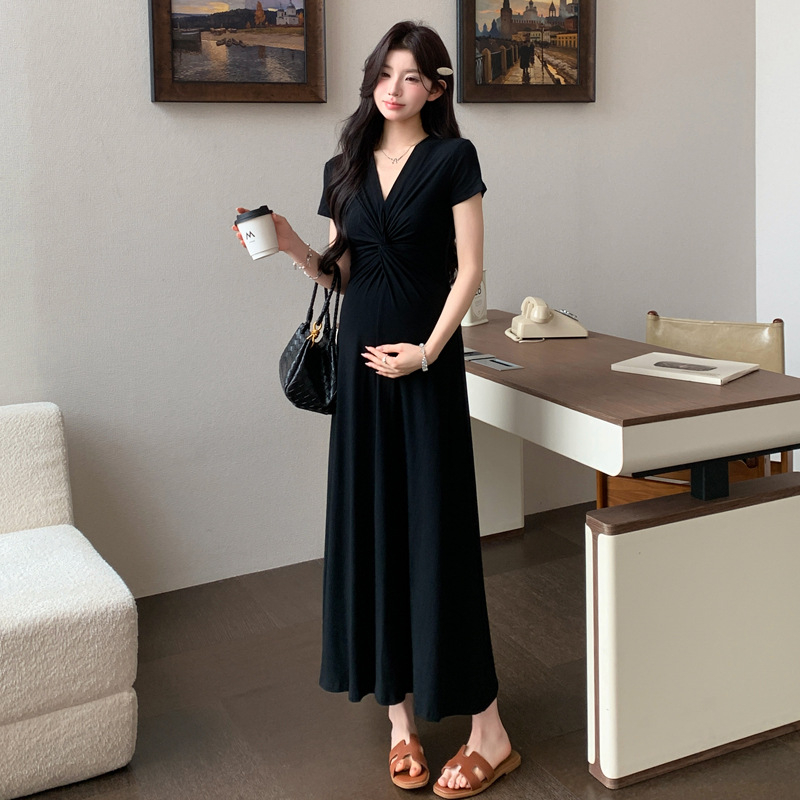 Trudnička ljetna haljina, elegantan francuski stil, prilagodljiv kroj, A-linija, duga haljina