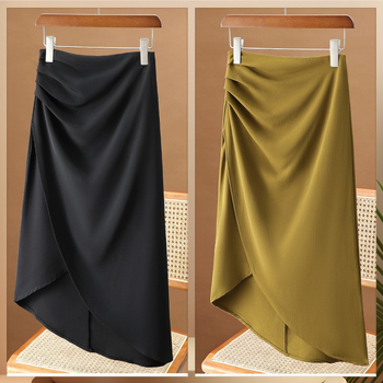 Fustă midi neregulată în stil costum pentru femei, talie înaltă, pliuri și drapaj, croială bodycon pencil