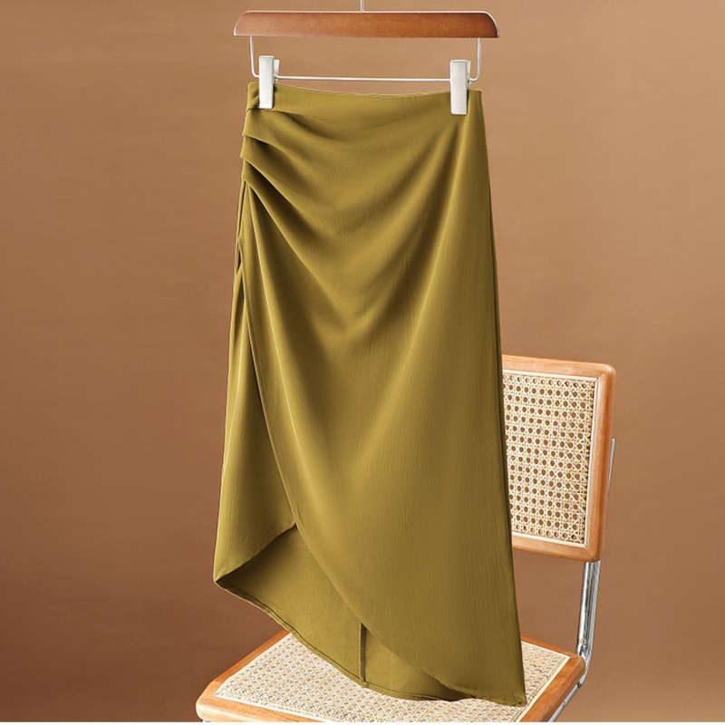 Fustă midi neregulată în stil costum pentru femei, talie înaltă, pliuri și drapaj, croială bodycon pencil