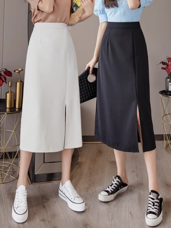 Fustă midi talie înaltă, slimming pentru femei – plus size, croială strânsă pe șolduri, Primăvara 2024