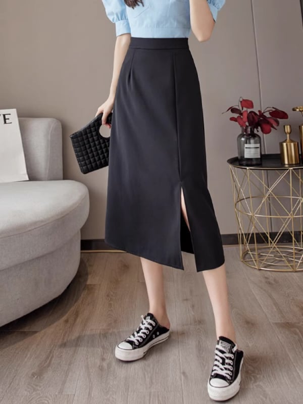 Fustă midi talie înaltă, slimming pentru femei – plus size, croială strânsă pe șolduri, Primăvara 2024