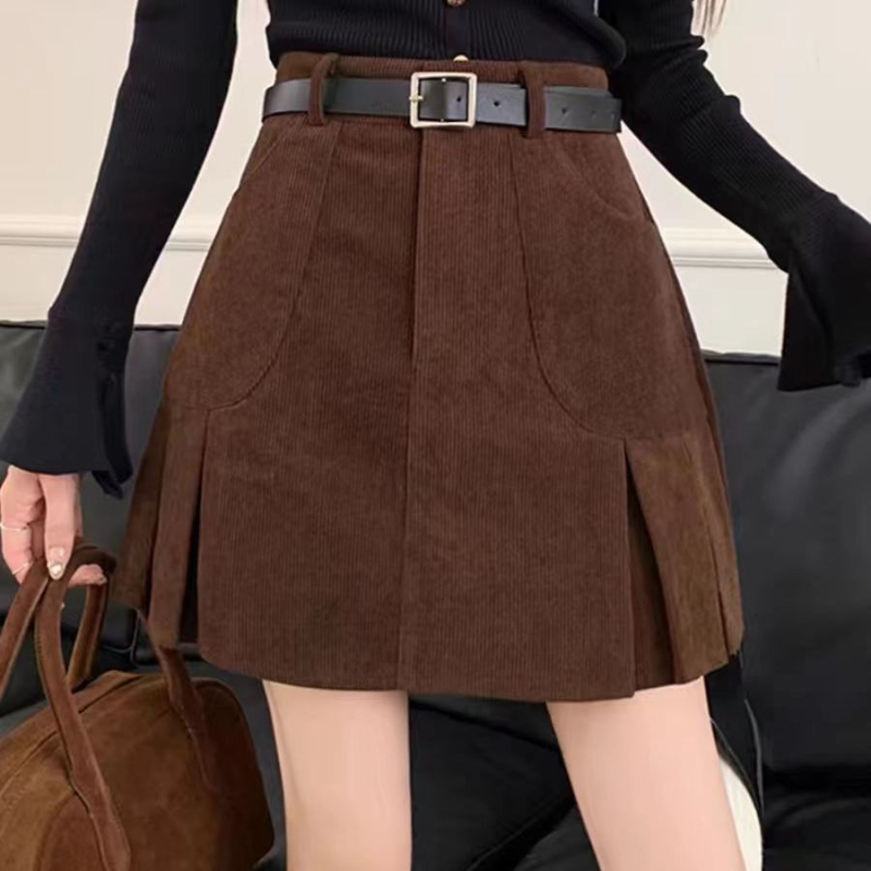 Fustă scurtă plisată pentru femei, talie înaltă, corduroy retro, mărime mare, toamnă-iarnă 2025
