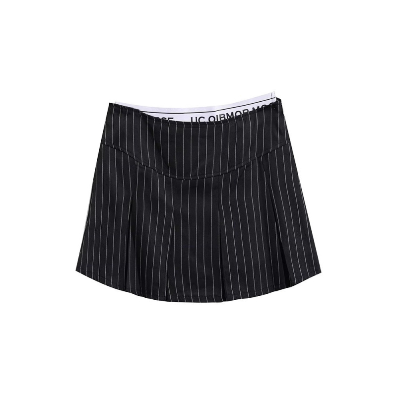 Fustă mini cu talie înaltă, dungi, plisată, croială strânsă, iluzie de două piese