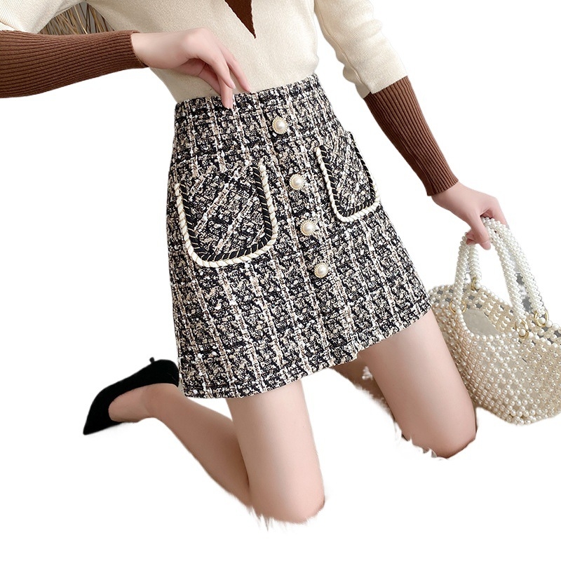 Fustă midi din tweed de lână, inspirată Chanel, talie înaltă, croială A-line