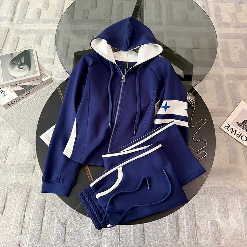 Set trening pentru femei, stil coreean, croială lejeră, model color-block, hanorac cu glugă și pantaloni, primăvară–toamnă 2025, aspect premium