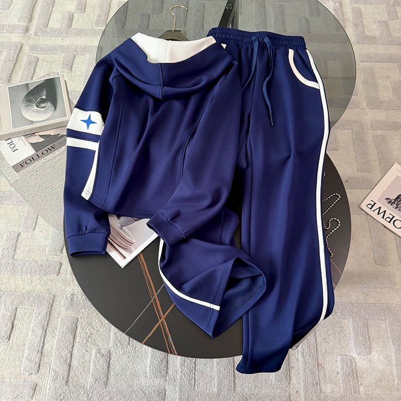 Set trening pentru femei, stil coreean, croială lejeră, model color-block, hanorac cu glugă și pantaloni, primăvară–toamnă 2025, aspect premium