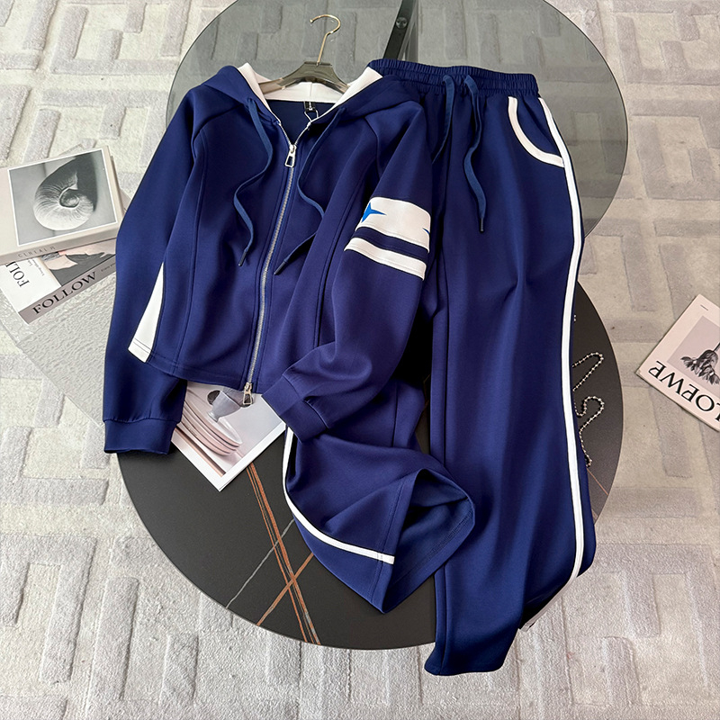 Set trening pentru femei, stil coreean, croială lejeră, model color-block, hanorac cu glugă și pantaloni, primăvară–toamnă 2025, aspect premium