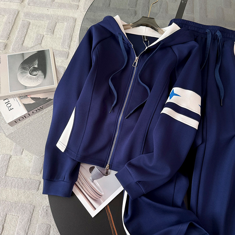 Set trening pentru femei, stil coreean, croială lejeră, model color-block, hanorac cu glugă și pantaloni, primăvară–toamnă 2025, aspect premium