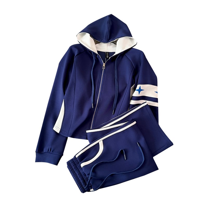 Set trening pentru femei, stil coreean, croială lejeră, model color-block, hanorac cu glugă și pantaloni, primăvară–toamnă 2025, aspect premium