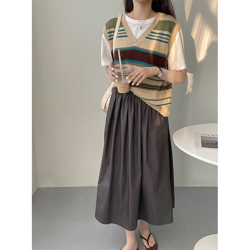 Fustă midi umbrelă, monocromă, stil japonez vintage, talie elastică, casual, bumbac, 2198