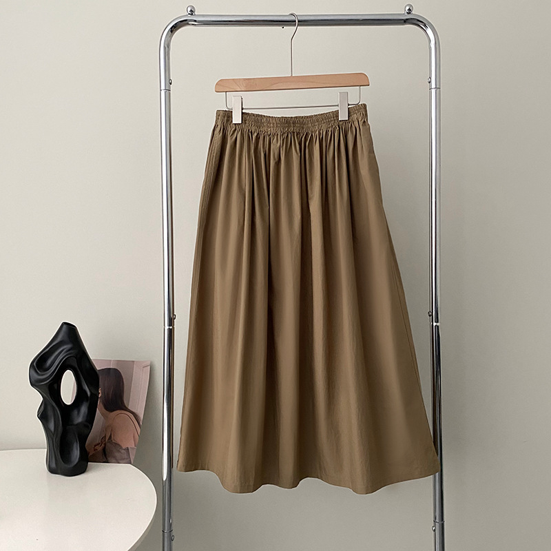 Fustă midi umbrelă, monocromă, stil japonez vintage, talie elastică, casual, bumbac, 2198