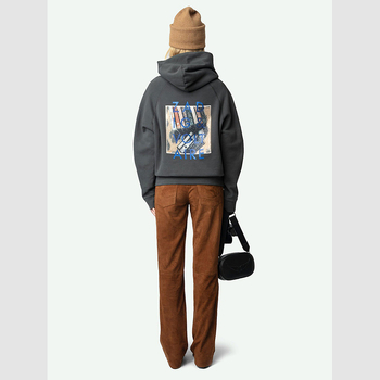 Hanorac damă din fleece de bumbac, imprimeu litere în cerneală albă, imprimare digitală