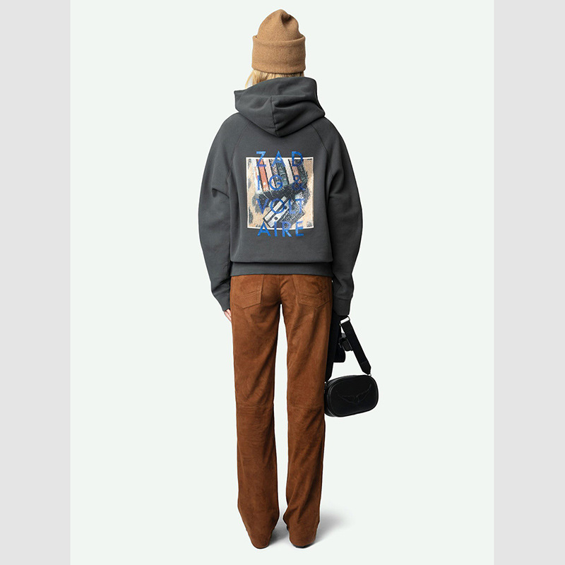 Hanorac damă din fleece de bumbac, imprimeu litere în cerneală albă, imprimare digitală