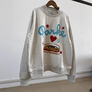 Hanorac din bumbac pentru femei cu guler înalt, imprimeu cu litere, stele, inimioare și hot dog