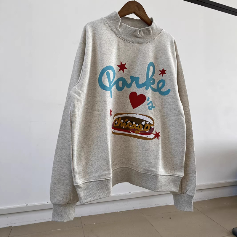 Hanorac din bumbac pentru femei cu guler înalt, imprimeu cu litere, stele, inimioare și hot dog