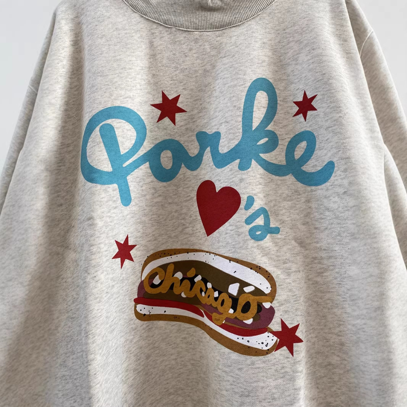 Hanorac din bumbac pentru femei cu guler înalt, imprimeu cu litere, stele, inimioare și hot dog