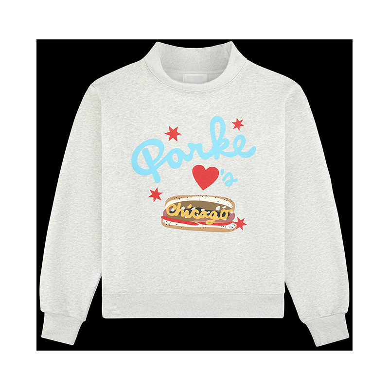 Hanorac din bumbac pentru femei cu guler înalt, imprimeu cu litere, stele, inimioare și hot dog
