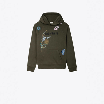Hanorac dama din fleece cu glugă, iarna 2023, imprimare cu litera ZV, flori și cranii cu aripi, broderie