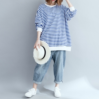 Bluza oversized confortabilă și versatilă pentru femei, dungi color-block, mâneci lungi, primăvara 2026, stil artistic retro
