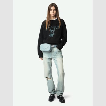 Primăvara 2025 ZV Little Monster hanorac negru cu strasuri, mâneci raglan, guler rotund, femei