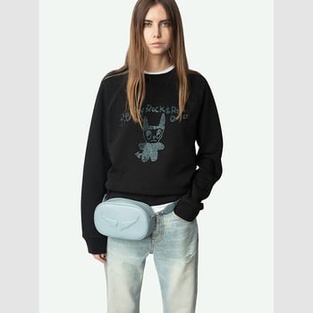 Primăvara 2025 ZV Little Monster hanorac negru cu strasuri, mâneci raglan, guler rotund, femei