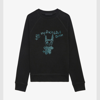 Primăvara 2025 ZV Little Monster hanorac negru cu strasuri, mâneci raglan, guler rotund, femei
