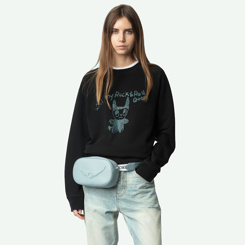 Primăvara 2025 ZV Little Monster hanorac negru cu strasuri, mâneci raglan, guler rotund, femei
