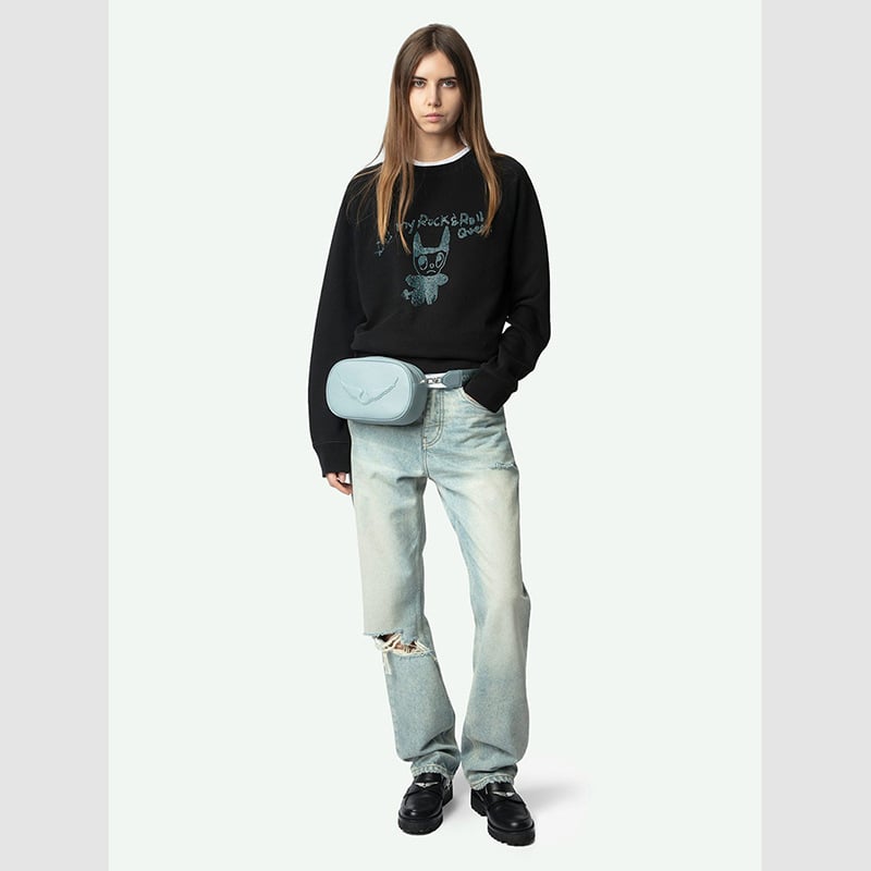 Primăvara 2025 ZV Little Monster hanorac negru cu strasuri, mâneci raglan, guler rotund, femei