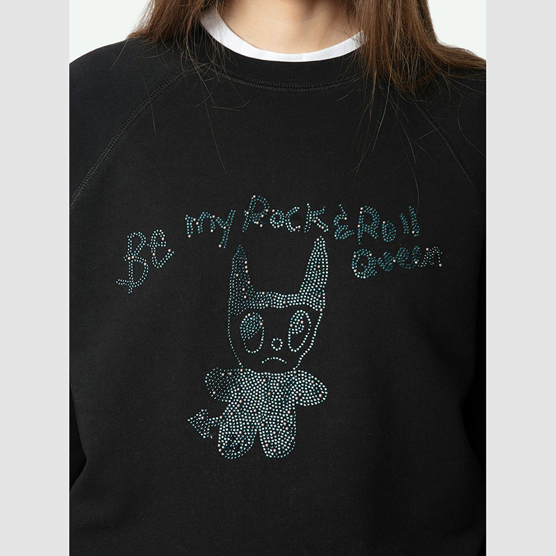 Primăvara 2025 ZV Little Monster hanorac negru cu strasuri, mâneci raglan, guler rotund, femei
