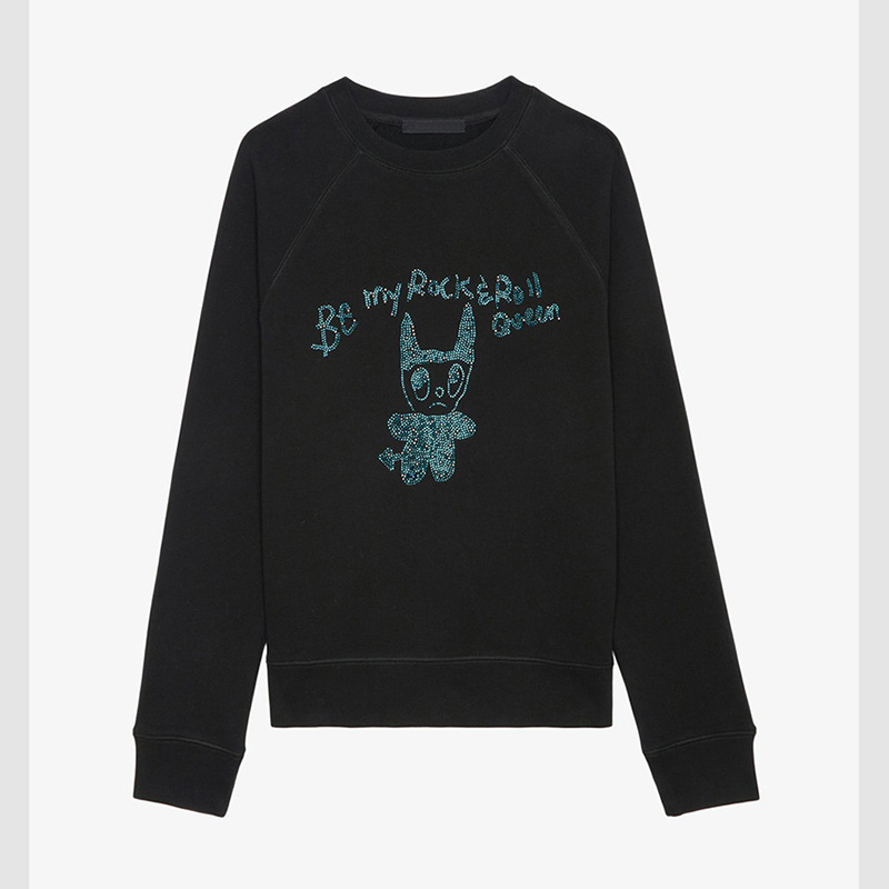 Primăvara 2025 ZV Little Monster hanorac negru cu strasuri, mâneci raglan, guler rotund, femei