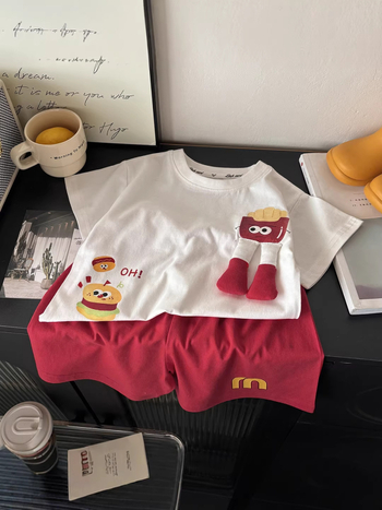 Set de haine din bumbac pentru copii, două piese: tricou cu mânecă scurtă și șort, vară, cu model 3D, antibacterian