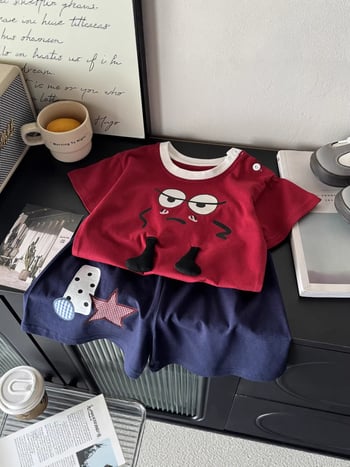 Set de haine din bumbac pentru copii, două piese: tricou cu mânecă scurtă și șort, vară, cu model 3D, antibacterian
