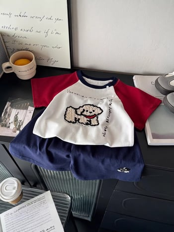 Set de haine din bumbac pentru copii, două piese: tricou cu mânecă scurtă și șort, vară, cu model 3D, antibacterian