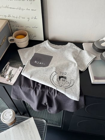Set de haine din bumbac pentru copii, două piese: tricou cu mânecă scurtă și șort, vară, cu model 3D, antibacterian