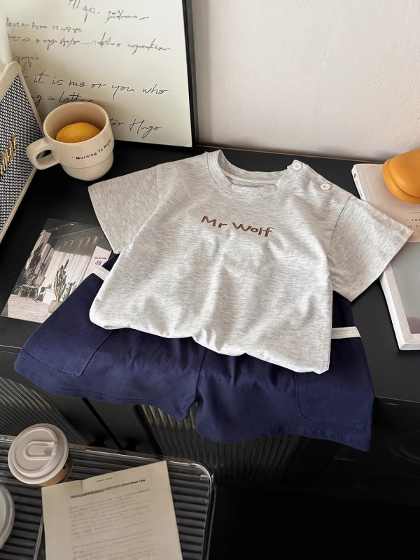 Set de haine din bumbac pentru copii, două piese: tricou cu mânecă scurtă și șort, vară, cu model 3D, antibacterian