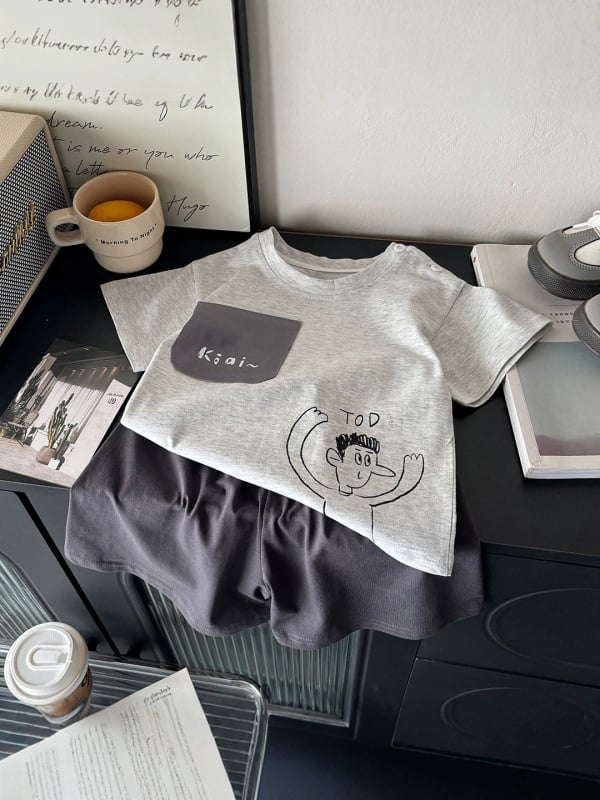 Set de haine din bumbac pentru copii, două piese: tricou cu mânecă scurtă și șort, vară, cu model 3D, antibacterian