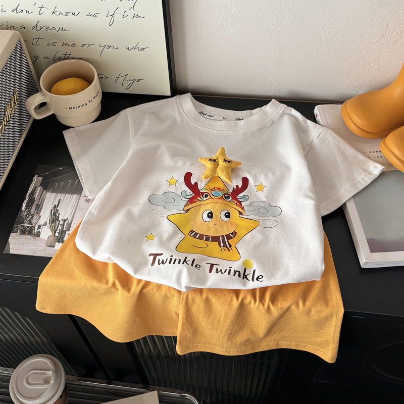 Set de haine din bumbac pentru copii, două piese: tricou cu mânecă scurtă și șort, vară, cu model 3D, antibacterian